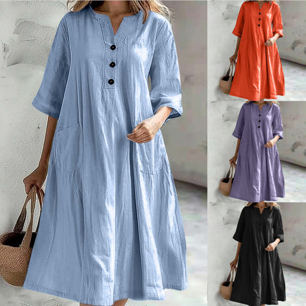 Women's Dress Women's Medium and Long V-neck Half-sleeve Cotton and Linen Loose Version Three-button Pocket Dress