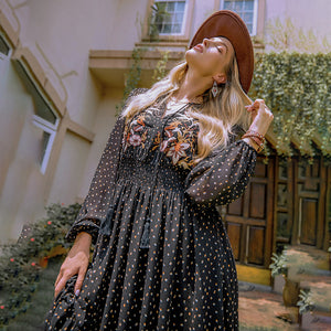 New Spring and Autumn Chiffon Long Sleeve Embroidery Black High Waist Polka Dot Long Dress