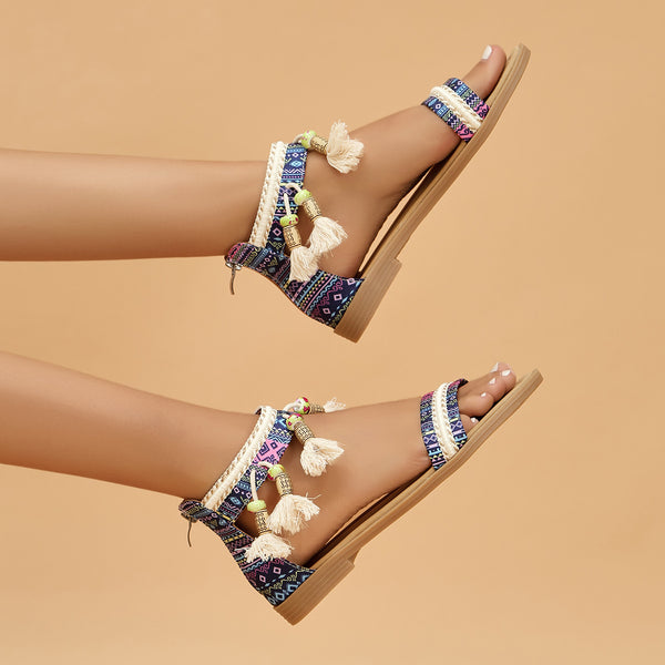 Bohemian embossed flat sandals women's simple vintage style beach shoes