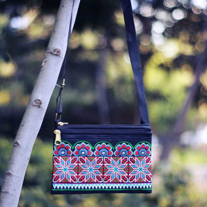 New Ethnic Style Cross Stitch Wallet Double Pull Crossbody Bag One Shoulder Embroidery Bag
