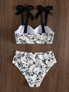 Lace up Printing Split Bikini Swimwear Hard Cup with Steel Support High Waist Sexy Bikini Split Swimwear