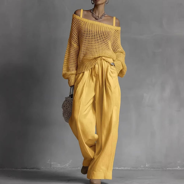 Popular Women's Comfortable Hollow Knitted Top and Linen Pants Two-piece Set