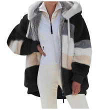 Load image into Gallery viewer, Autumn and Winter Warm Plush Patchwork Zipper Pocket Hooded Loose Coat Women