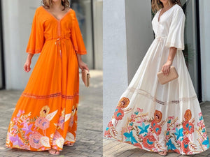 Spring/Summer Popular Lace Print Panel 7/4 Sleeve V-Neck Long Swing Dress