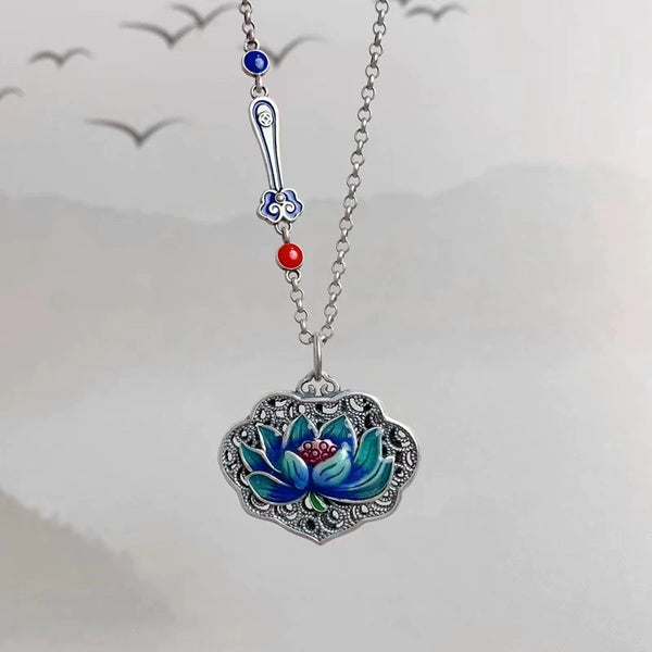 S925 Anemone Heart Sutra Necklace for Men and Women Painted with Lang Lotus Ruyi Lock Pendant Vintage Clavicle Chain