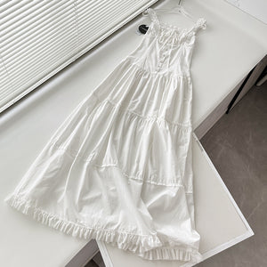 New Lazy Resort Style Pleated Front Cuff Design Extra-long Dress Goddess Skirt Swing Skirt