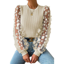 Load image into Gallery viewer, Women&#39;s Mesh Small Flower Chiffon Shirt, Women&#39;s Spring/summer Round Neck Slimming Pullover Long Sleeved Top
