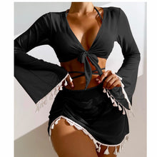 Load image into Gallery viewer, New Conservative Four Piece Set Solid Color Tassel Top, Mesh Short Skirt, Bikini for Women