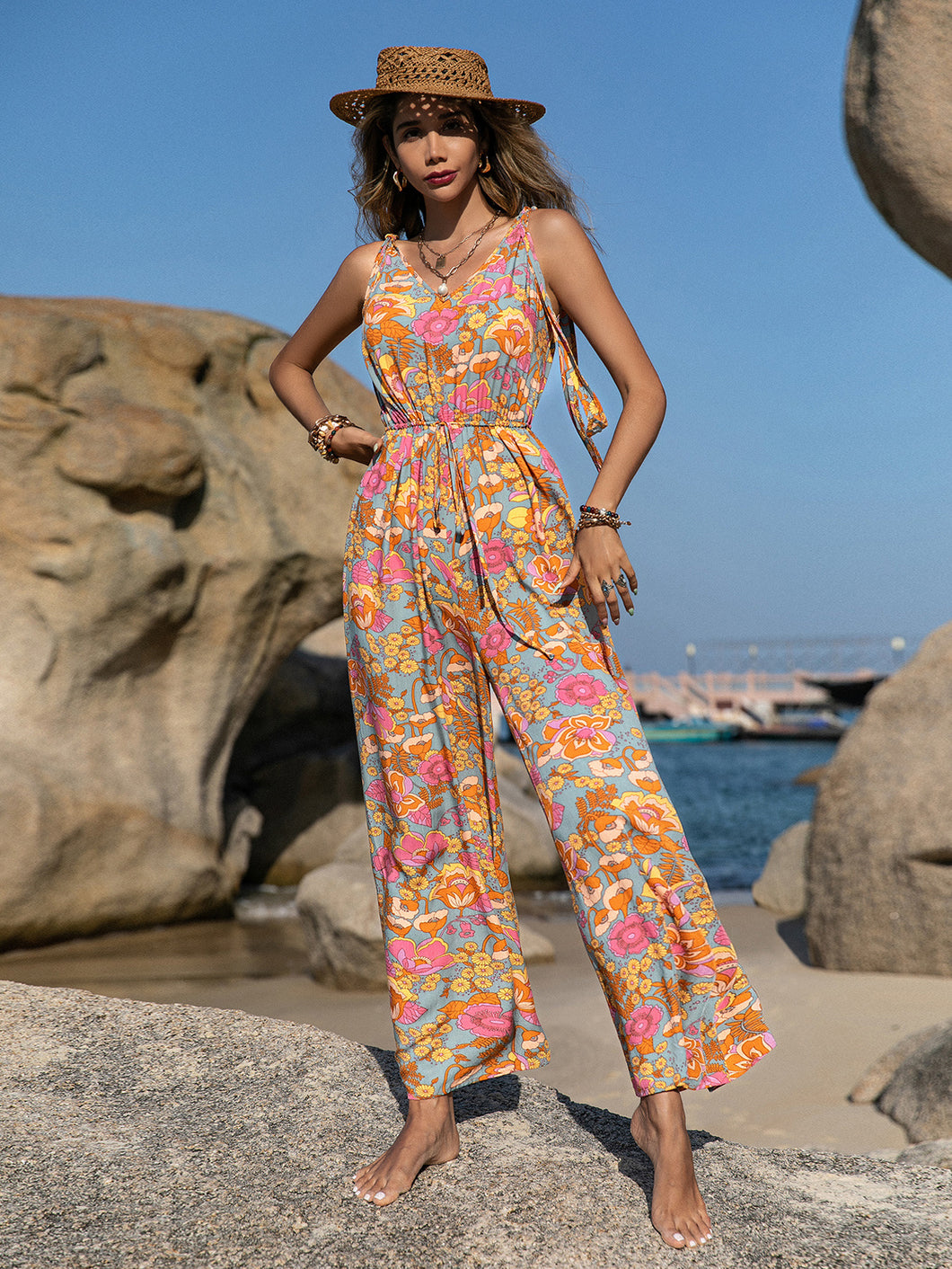 Bohemian style suspender printed jumpsuit with backless jumpsuit