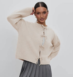 Autumn and Winter Casual Loose Cardigan Lace-up Solid Color Knitted Sweater Women