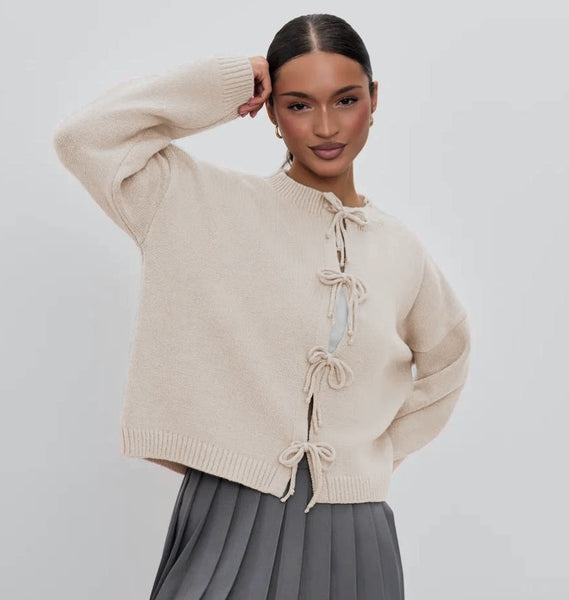 Autumn and Winter Casual Loose Cardigan Lace-up Solid Color Knitted Sweater Women