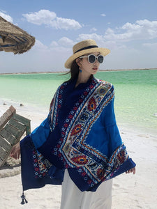 Ethnic Style Shawl Blue Seaside Beach Towel Thin Silk Scarf