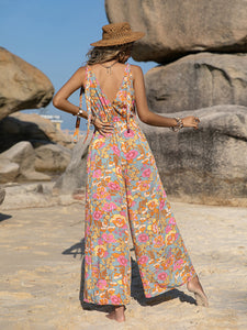 Bohemian style suspender printed jumpsuit with backless jumpsuit