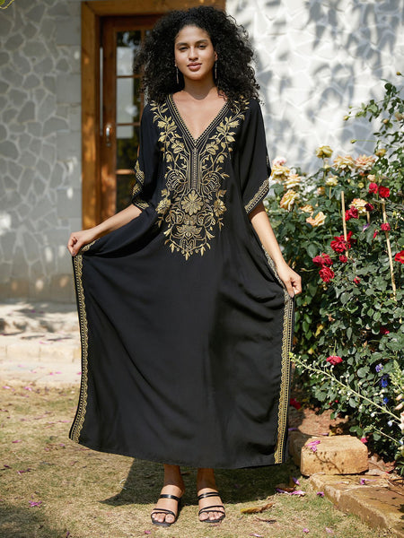 New Black Cotton Gold Thread Embroidered Beach Blouse Robe-style Embroidered Vacation Bikini Blouse