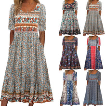 Load image into Gallery viewer, Summer New Women&#39;s Round Neck Short Sleeve Long Skirt Bohemian Print Dress