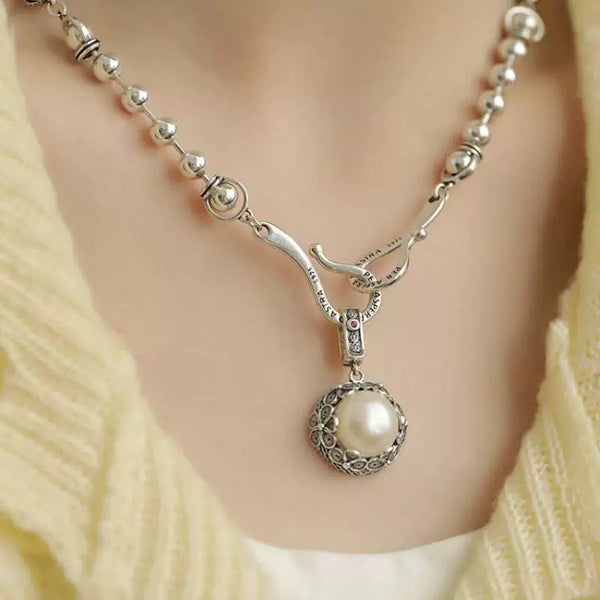 925 Silver Retro New Floral Silk Pearl Flower Pendant Necklace