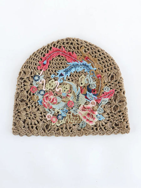 Ethnic Style Phoenix Embroidery Women's Headscarf Cover White Autumn Hat Hollow Knitting Heap Headscarf Woven Hat