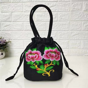 Ethnic style embroidered bag, embroidered canvas bag, mobile phone change, drawstring small bag, women's bucket bag
