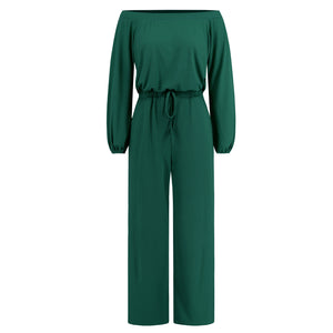 Women's Autumn and Winter New Casual One Shoulder Long Sleeved Waist Trimming Jumpsuit with Tie Up Wide Leg Pants