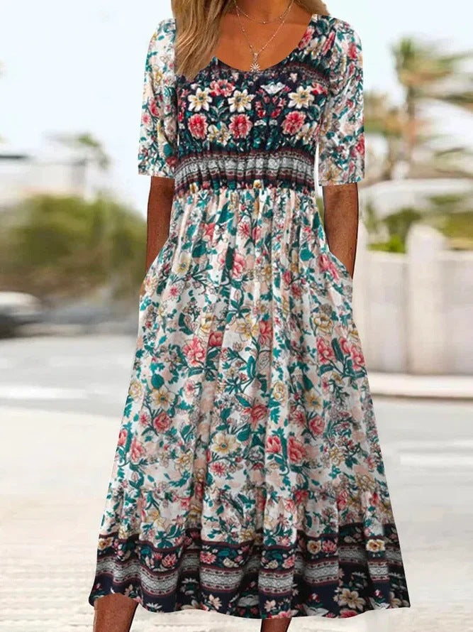 Summer New Women's Round Neck Short Sleeve Long Skirt Bohemian Print Dress