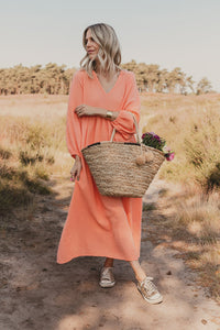 Autumn New Casual Loose Fit Dress V-Neck High Waist Double Layer Wrinkled Yarn Long Sleeve Dress