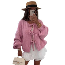 Load image into Gallery viewer, Crew Neck Lace-up Knitted Cardigan Jacket Autumn and Winter New Solid Color Commuting Simple Sweater Women