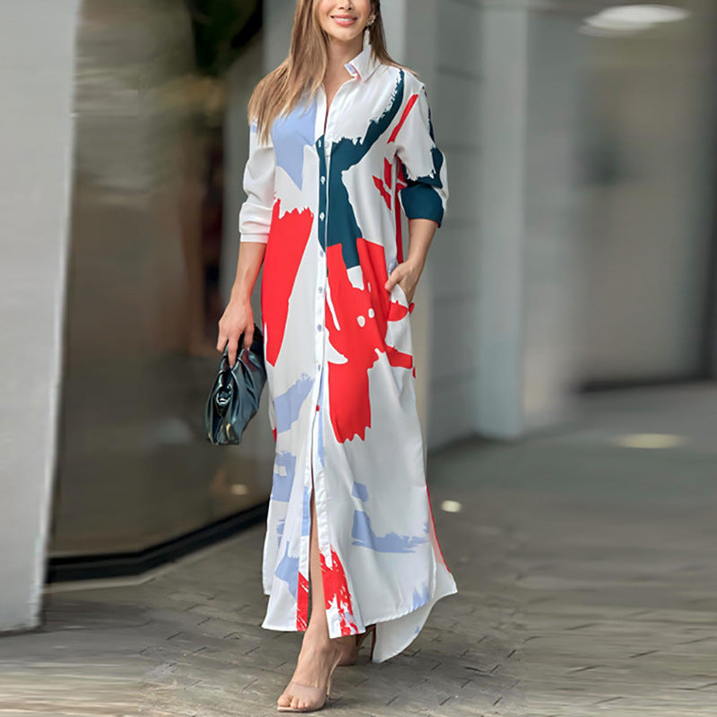 Women's Clothing on The New Fashion Casual Printing Loose Split Shirt Dress