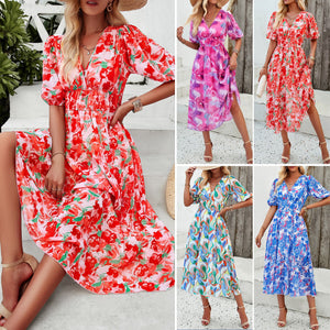 Women's Dress Spring and Summer Elegant Printed Waist V-neck Long Dress