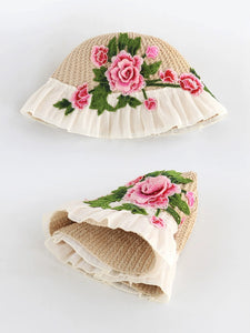 Ethnic Style Embroidery Flower Summer Visor White Brim Sun Hat Bucket Hat Sun Protection Knitted Hat