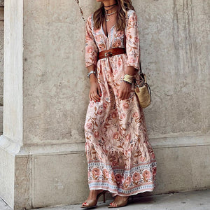 Autumn New Casual Style Bohemian Mid length Printed Dress