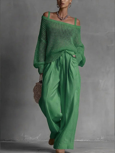 Popular Women's Comfortable Hollow Knitted Top and Linen Pants Two-piece Set