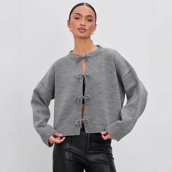 Autumn and Winter Casual Loose Cardigan Lace-up Solid Color Knitted Sweater Women