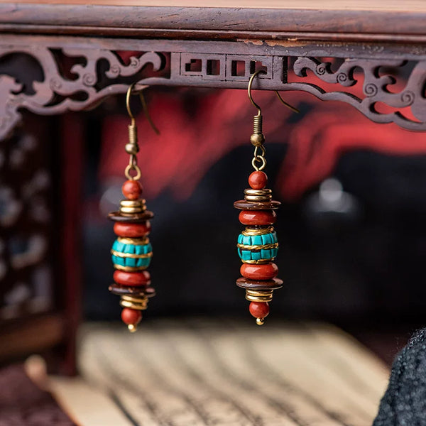 Retro Ethnic Style Nepalese Earrings, Natural Red Stone Earrings, Simple and Atmospheric Versatile Tibetan Niche Design Earrings