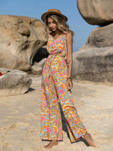 Load image into Gallery viewer, Bohemian style suspender printed jumpsuit with backless jumpsuit