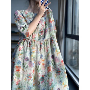 Summer Printing Unique and Unique Skirt Round Neck Forest Cotton Linen Imitation Ramie Fragmented Flower Dress