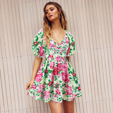 Load image into Gallery viewer, Women‘s Wear Summer New V-neck Printed Beach Lantern Sleeve Short Dress