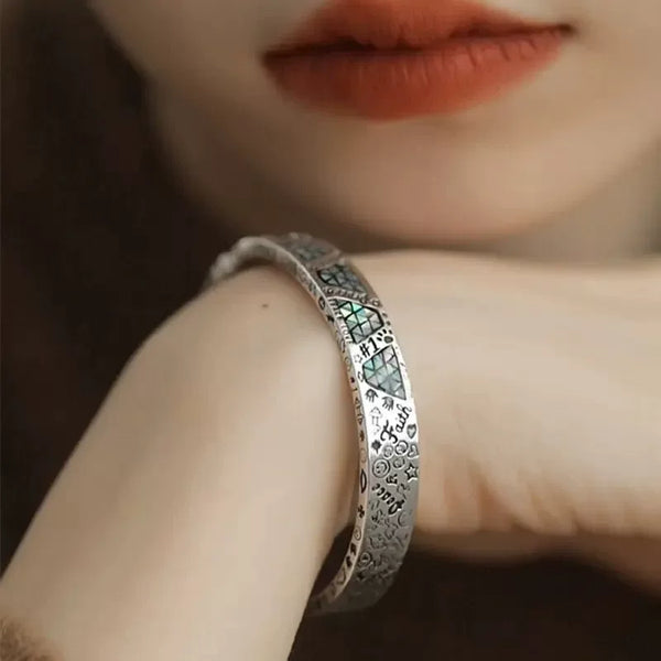 925 Silver Retro New Color Shell Geometric Graffiti Opening Bracelet Totem Enamel Old Female Niche Design