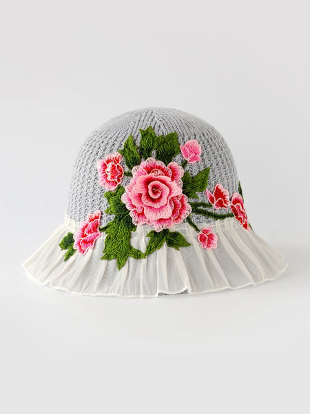 Ethnic Style Embroidery Flower Summer Visor White Brim Sun Hat Bucket Hat Sun Protection Knitted Hat