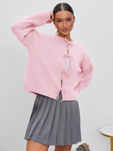 Autumn and Winter Casual Loose Cardigan Lace-up Solid Color Knitted Sweater Women