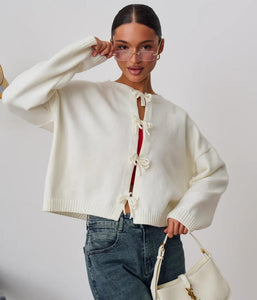 Autumn and Winter Casual Loose Cardigan Lace-up Solid Color Knitted Sweater Women