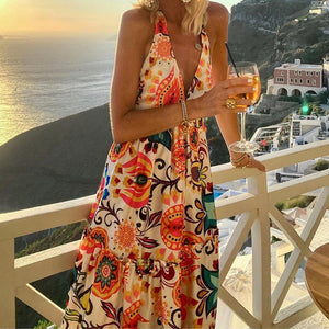 Summer New Style Fashion Deep V Halterneck Open Back Sleeveless Print Resort Beach Dress