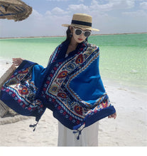 Load image into Gallery viewer, Ethnic Style Shawl Blue Seaside Beach Towel Thin Silk Scarf