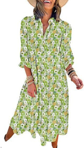 New Casual Loose Long-sleeved V-neck Women's Bohemian Floral Elegant A-shaped Dress