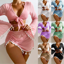 Load image into Gallery viewer, New Conservative Four Piece Set Solid Color Tassel Top, Mesh Short Skirt, Bikini for Women