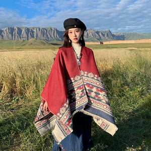 Tibetan Great Retro Totem Red Warm Outer Shawl Women's Scarf Autumn and Winter Cloak Big Cloak