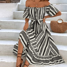 Load image into Gallery viewer, Bohemian Off Shoulder High Waist Lace up Casual Stripe Plaid Dress