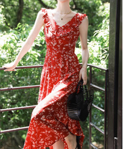 Bohemian New Goddess Style Retro Red Print Sleeveless Ruffle Dress