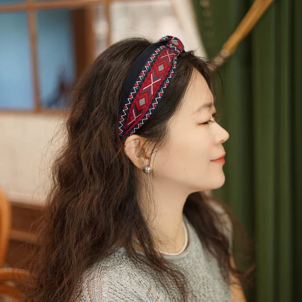 Bohemian Ethnic Wind Embroidery Knotted Headband High Skull Top Big Head Circumference Hair Hole Headband