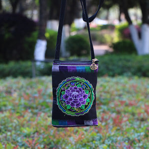 Ethnic Style Tribal Embroidery Flower Crossbody 6.5 Inch Mobile Phone Bag Hanging Neck Mobile Phone Bag