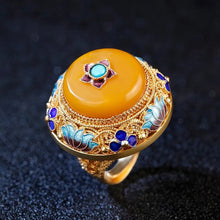 Load image into Gallery viewer, Handmade Silver Flower Silk Inlaid with Topaz Honey Wax S925 Silver Ring Retro Palace Gilded Gold Big Thumb Ring